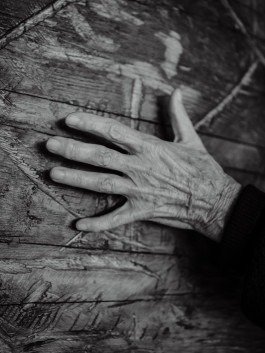 Reportage Foto, Detail eines Handys auf einer Holzskulptur. 